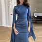 Fashion Satin Solid Robe Dress Women Elegant Batwing Sleeves High Waist Pleats Long Dress Stylish Glass Tulle Slim Evening Dress