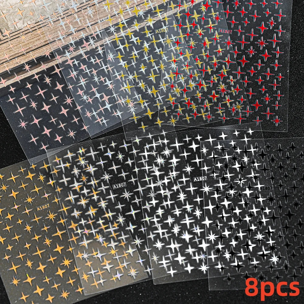 8Pcs Red Heart Nail Stickers 3D Bronzing Silver Gold Heart Shape Star & Moon Metal Totem Nail Slider Self-Adhesive DIY Nail Art*