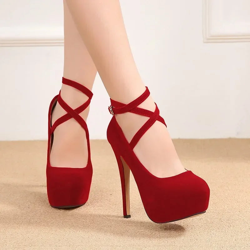 Pumps High Heel Women New Style Flock Fashion Cross Straps 14cm Heel High 4cm Platform Model Nightclub Sexy Plus Size 35-46