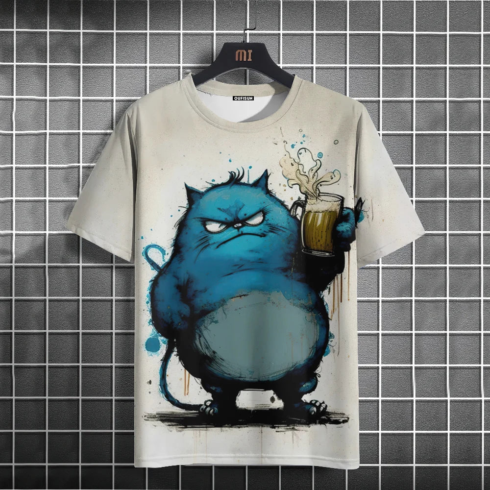 Summer Men's T-Shirt Funny Cat Print Oversized Short Sleeve Man T-Shirt Round Neck Casual Men Women Tee Neutral Clothing 2024