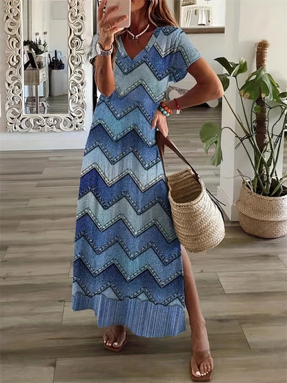 Vintage Geometric Irregular Printed T Shirt Long Women's Summer V-Neck Short Sleeve A-Line Dress Casual Vacation Slit Long Gowns