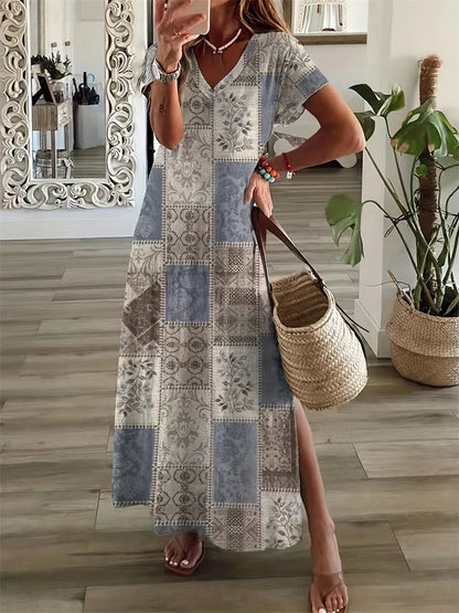 Vintage Geometric Irregular Printed T Shirt Long Women's Summer V-Neck Short Sleeve A-Line Dress Casual Vacation Slit Long Gowns