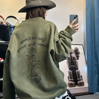 Autumn and winter American retro suede loose couple round neck loose sweatshirt for men and women lazy style and versatile y2k