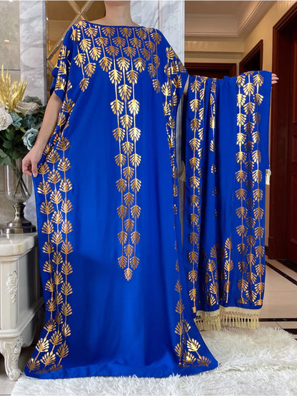 2024 Summer Short sleeve Dress Pure Cotton Gold Stamping Loose Abaya Maxi Islam Dress With Tassels Big Scarf African Long Dress