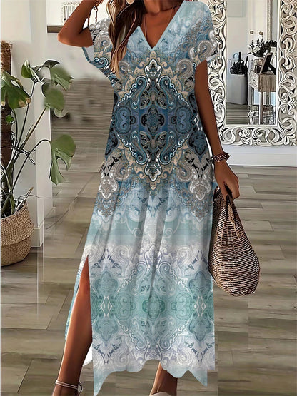 Vintage Geometric Irregular Printed T Shirt Long Women's Summer V-Neck Short Sleeve A-Line Dress Casual Vacation Slit Long Gowns
