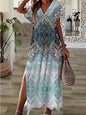 Vintage Geometric Irregular Printed T Shirt Long Women's Summer V-Neck Short Sleeve A-Line Dress Casual Vacation Slit Long Gowns