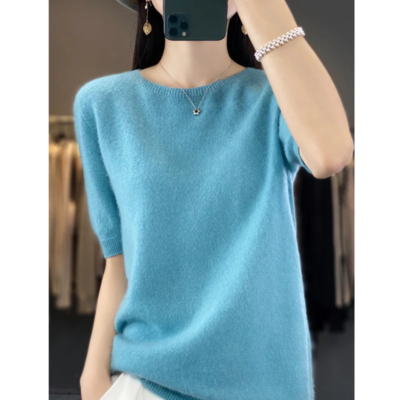 Fashion short sleeve 100% merino wool sweater basic O-neck cashmere women's knitted top pullover sweater top