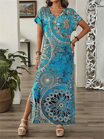 Vintage Geometric Irregular Printed T Shirt Long Women's Summer V-Neck Short Sleeve A-Line Dress Casual Vacation Slit Long Gowns