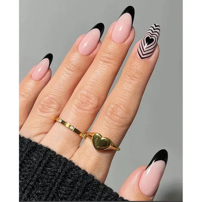 24pcs Black 3D Bow Almond Fake Nails Tips Pearl Love Sequin Design False Nails Art Removable Waterproof Artificial Press on Nail