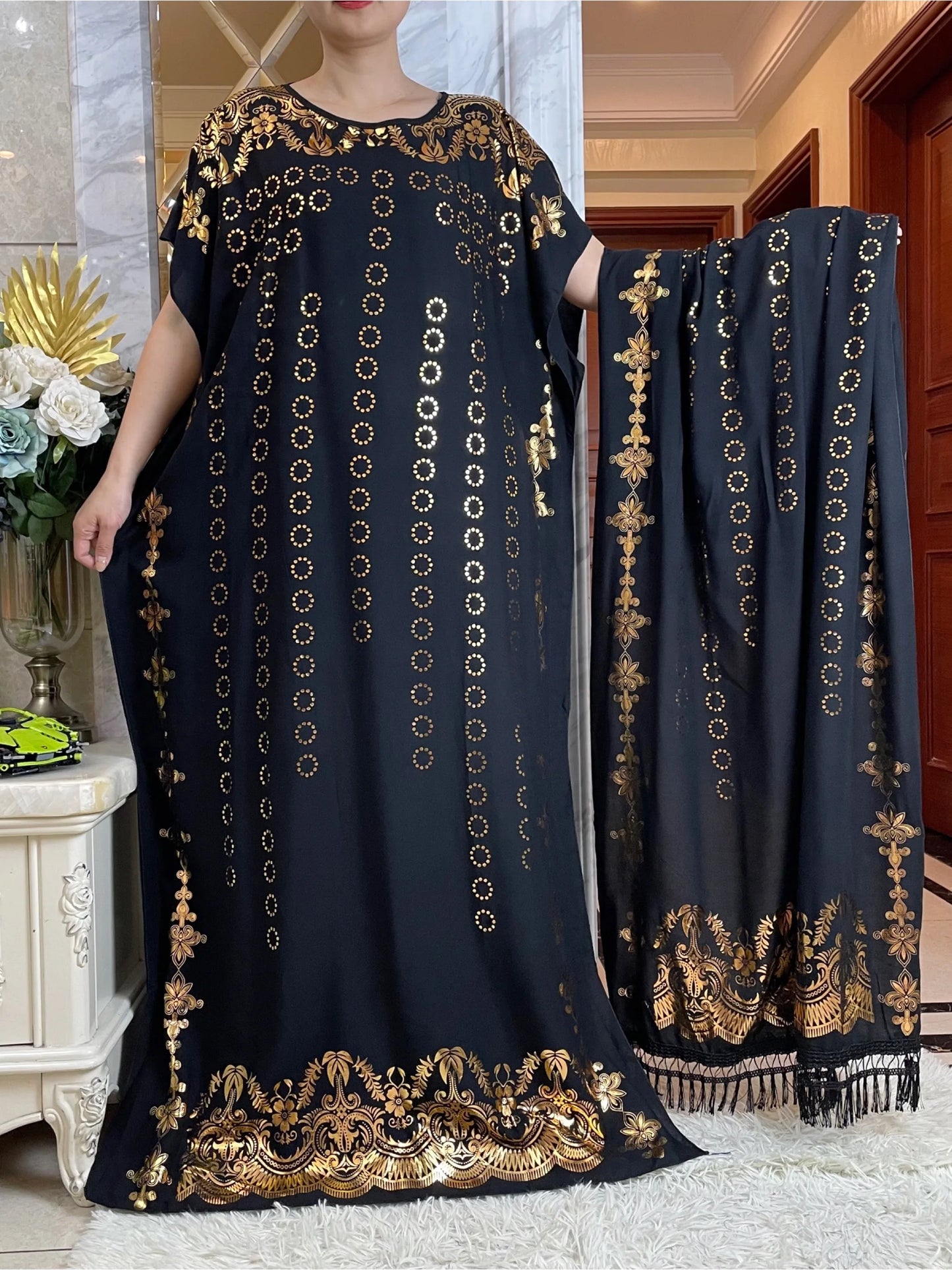 2024 Summer Short sleeve Dress Pure Cotton Gold Stamping Loose Abaya Maxi Islam Dress With Tassels Big Scarf African Long Dress