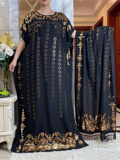 2024 Summer Short sleeve Dress Pure Cotton Gold Stamping Loose Abaya Maxi Islam Dress With Tassels Big Scarf African Long Dress