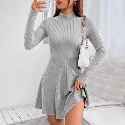 Elegant Women Simple Slim Short Dress Solid Striped Sweater Long Sleeve Dress Round Neck 2024 Autumn Winter Commute Street Dress