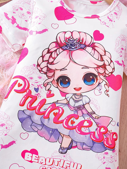 Girl's Cartoon Princess Love Printed Short Sleeved Dress Summer