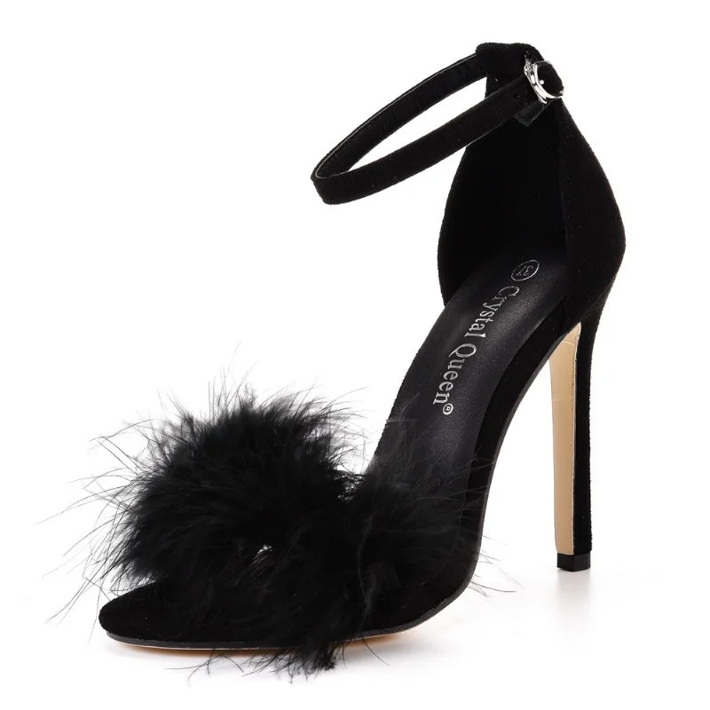 Sexy Feather High Heel Sandals Women's European  American Large 46 Fish Mouth High Heel Sandals Women Shallow Mouth Women's Shoe