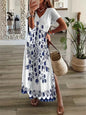 Vintage Geometric Irregular Printed T Shirt Long Women's Summer V-Neck Short Sleeve A-Line Dress Casual Vacation Slit Long Gowns