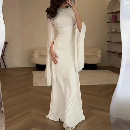 Fashion Satin Solid Robe Dress Women Elegant Batwing Sleeves High Waist Pleats Long Dress Stylish Glass Tulle Slim Evening Dress