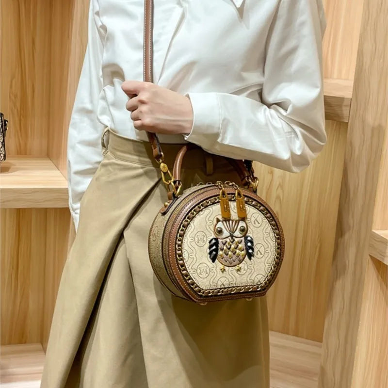 Brand Bag Women's 2024 New Designer High Quality Handheld Shoulder Bag Contrast Color Diagonal Cross Leather Small Round Bag