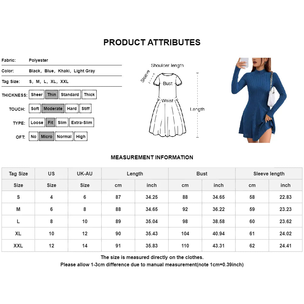 Elegant Women Simple Slim Short Dress Solid Striped Sweater Long Sleeve Dress Round Neck 2024 Autumn Winter Commute Street Dress