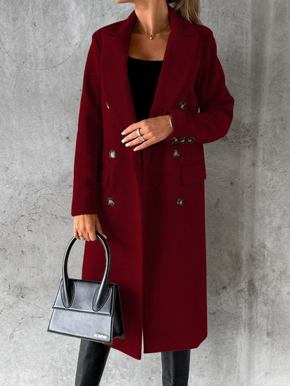 Women's Spring Style New Set Versatile Woolen Coat Solid Color Long Sleeve Double breasted Insert Pocket