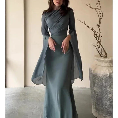 Fashion Satin Solid Robe Dress Women Elegant Batwing Sleeves High Waist Pleats Long Dress Stylish Glass Tulle Slim Evening Dress