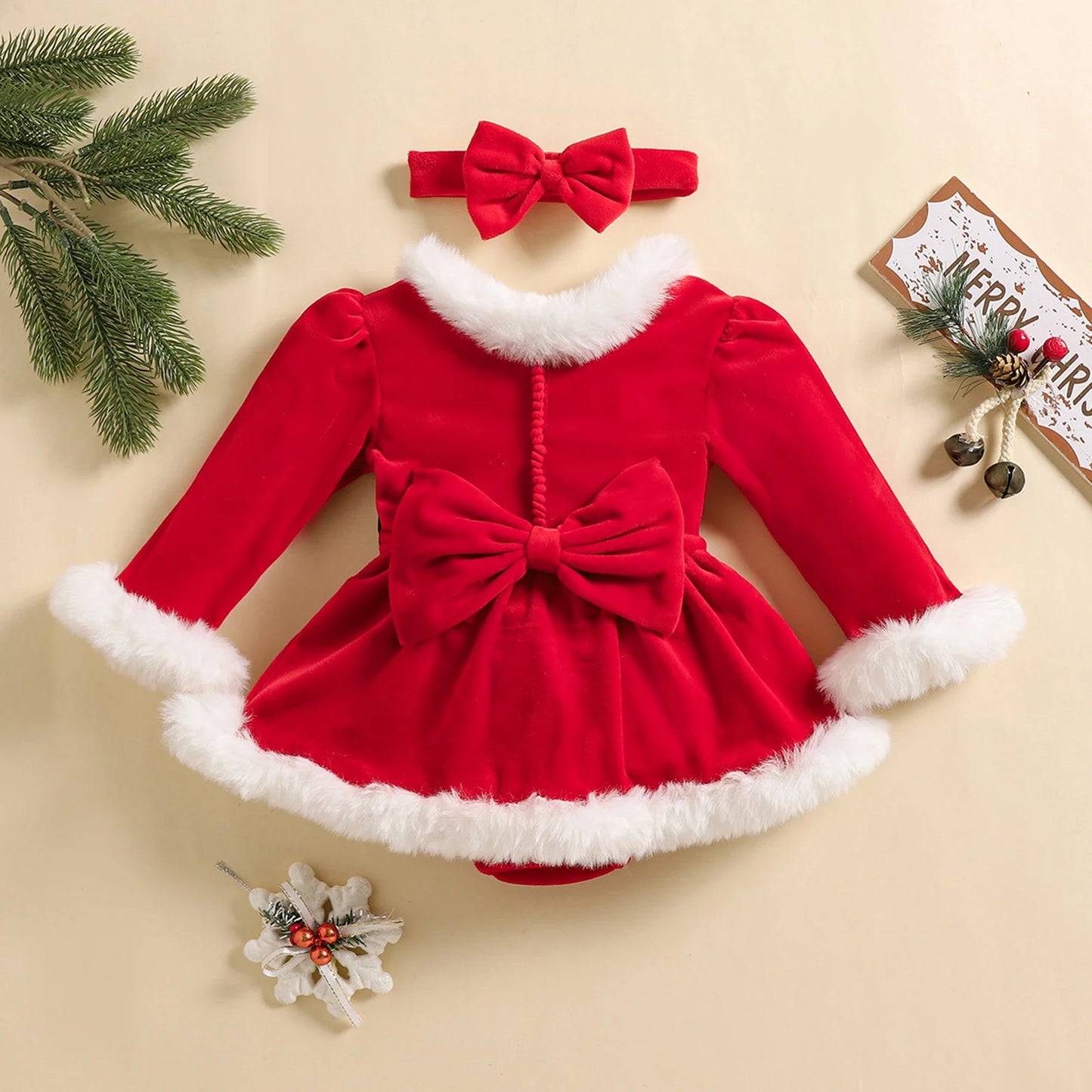 MISOWMNJOY Christmas Baby Party Clothes for Girls Rompers Dress Cute Velvet Skirt Hem Long Sleeve Toddler Bodysuit with Headband