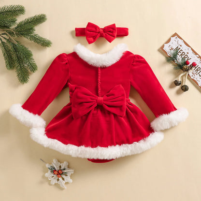 MISOWMNJOY Christmas Baby Party Clothes for Girls Rompers Dress Cute Velvet Skirt Hem Long Sleeve Toddler Bodysuit with Headband