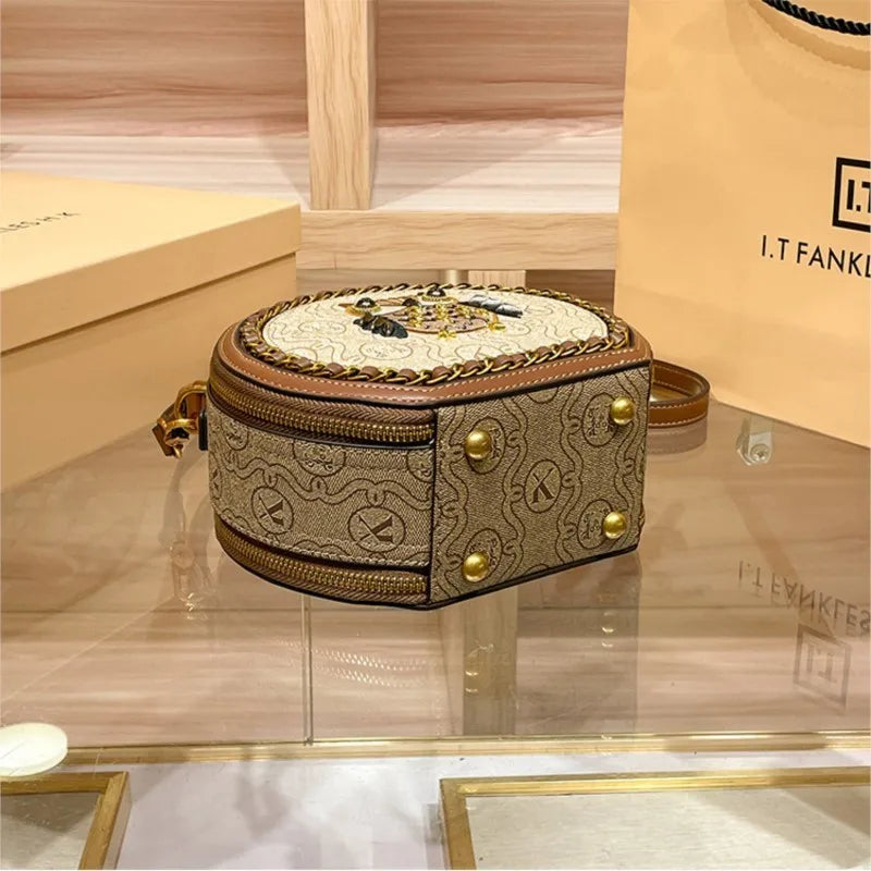 Brand Bag Women's 2024 New Designer High Quality Handheld Shoulder Bag Contrast Color Diagonal Cross Leather Small Round Bag