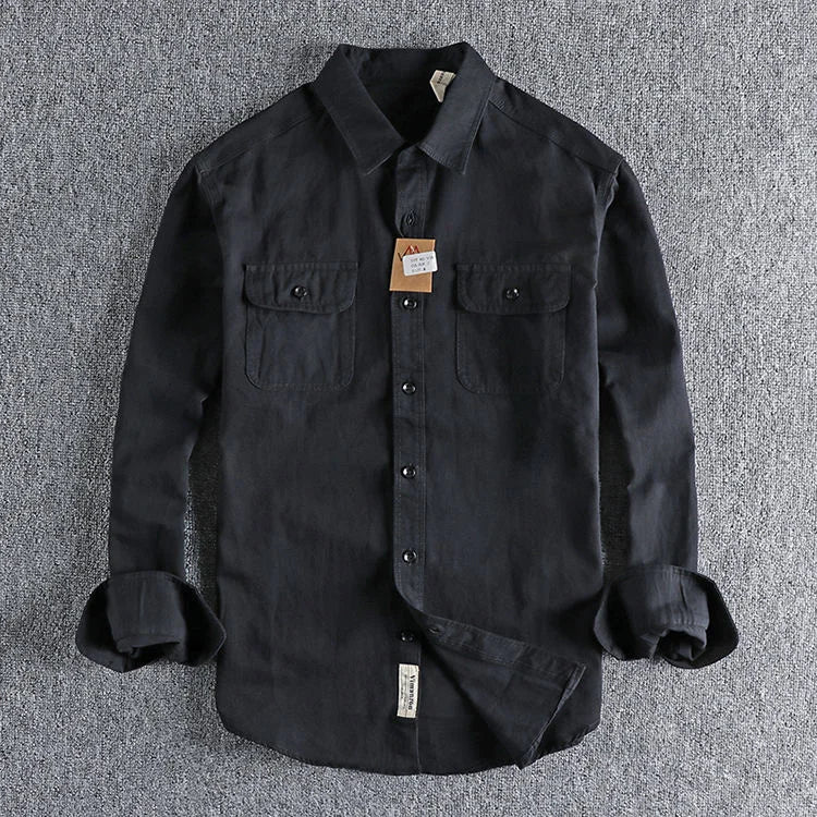 Ameikeji British Style Retro Long Sleeve Shirt Coat Men Spring  Autumn Twill Cotton Versatile Solid Color Male Cargo Work Shirts
