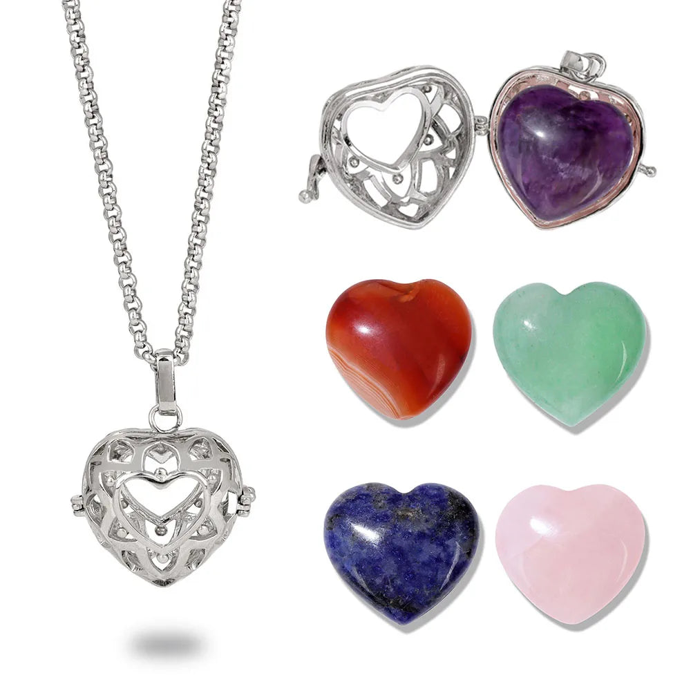 Heart Stone Pendent Necklace Natural Amethysts Carnelian Quartzs Stainless Steel Chain Necklace Wedding Birthday Jewelry Gift