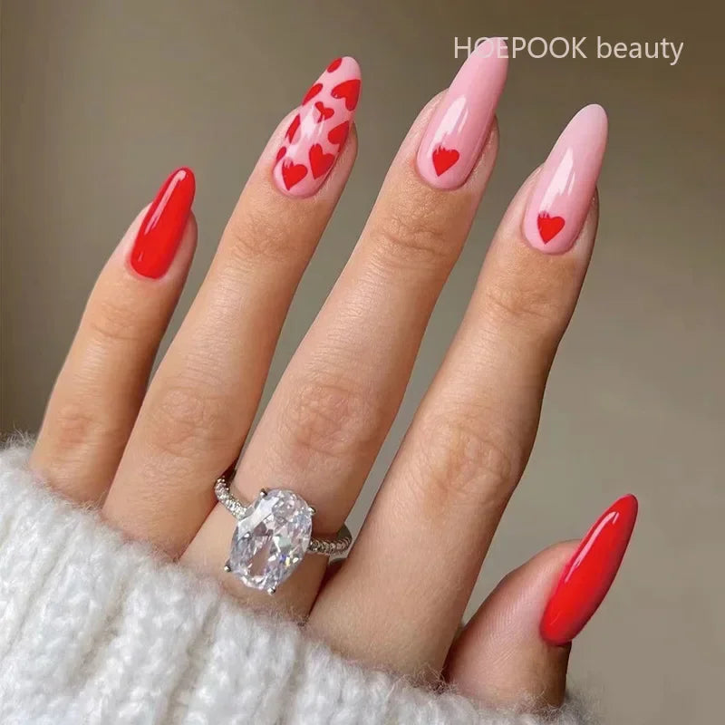 24pcs Black 3D Bow Almond Fake Nails Tips Pearl Love Sequin Design False Nails Art Removable Waterproof Artificial Press on Nail