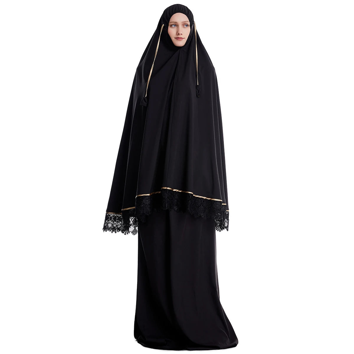 2 Pcs Muslim Women Solid Color Lace Long Hijabs Abaya Ankle Length Arab Lady Modest Tube Skirts Prayer Ramadan Eid Clothes