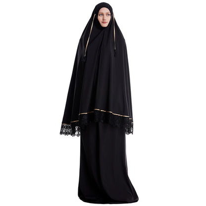 2 Pcs Muslim Women Solid Color Lace Long Hijabs Abaya Ankle Length Arab Lady Modest Tube Skirts Prayer Ramadan Eid Clothes