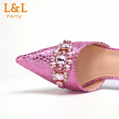 2024 Newest INS Pink Color Elegant High Heels Nigeria Popular Design African Ladies Shoes And Bag Set for Wedding Party