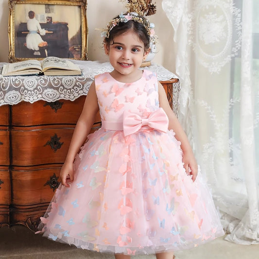 Flower Girl Pink Dress for Wedding Backless Elegant Kids Birthday Party Gala Dresses Puff Sleeve Children Communion Costume 3-8Y
