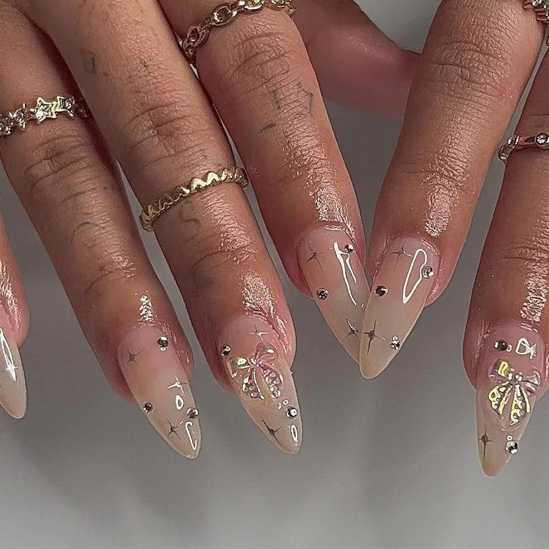24pcs Black 3D Bow Almond Fake Nails Tips Pearl Love Sequin Design False Nails Art Removable Waterproof Artificial Press on Nail