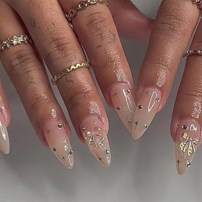 24pcs Black 3D Bow Almond Fake Nails Tips Pearl Love Sequin Design False Nails Art Removable Waterproof Artificial Press on Nail
