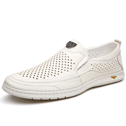 Men Casual Summer Footwear Breathable Mens Leisure Walk Loafers Genuine Leather Moccasins Hollow Out Slip on Male Driving Shoes