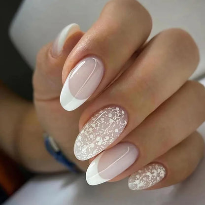 24pcs Black 3D Bow Almond Fake Nails Tips Pearl Love Sequin Design False Nails Art Removable Waterproof Artificial Press on Nail