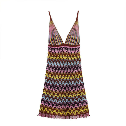 Summer New Women's Deep V Striped Knitted Spaghetti Strap Sleeveless Mini Dresses Elegant Chic Female Dress For Party Vacation