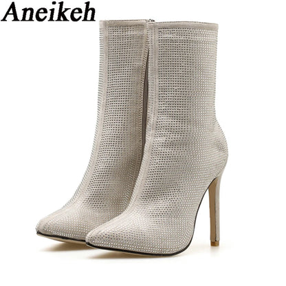 Aneikeh Spring Banquet Sexy Shiny Crystal Rhinestones Women's Ankle Boots High Heels Nightclub Modern Booties For Females Shoes