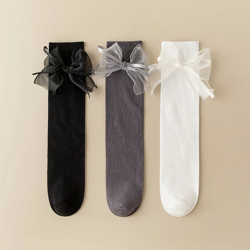Ribbon Bow Kids Stockings Autumn Little Girl Over Knee Socks Solid Color Children Cotton Long Sock Princess Baby Calf Stocking