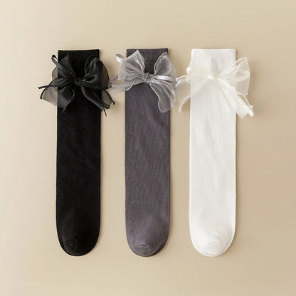 Ribbon Bow Kids Stockings Autumn Little Girl Over Knee Socks Solid Color Children Cotton Long Sock Princess Baby Calf Stocking