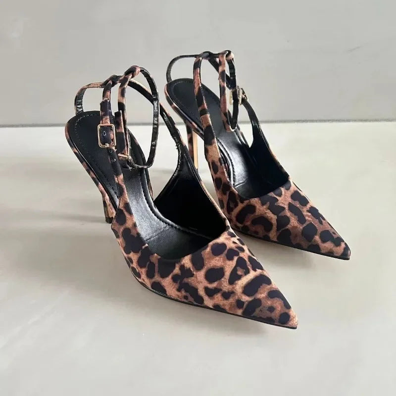 Leopard Print Pointed Toe Office Lady Shoes 2024 Autumn Designer Shallow Stilettos Large Size Ankle Strap Women High Heels Pumps