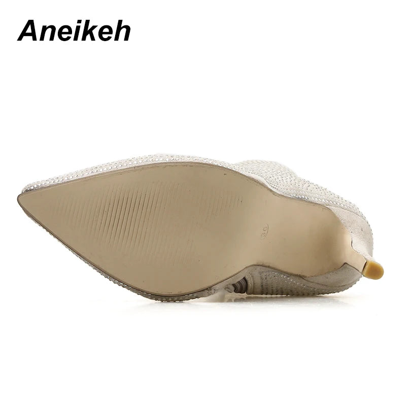 Aneikeh Spring Banquet Sexy Shiny Crystal Rhinestones Women's Ankle Boots High Heels Nightclub Modern Booties For Females Shoes