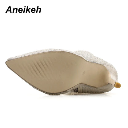 Aneikeh Spring Banquet Sexy Shiny Crystal Rhinestones Women's Ankle Boots High Heels Nightclub Modern Booties For Females Shoes