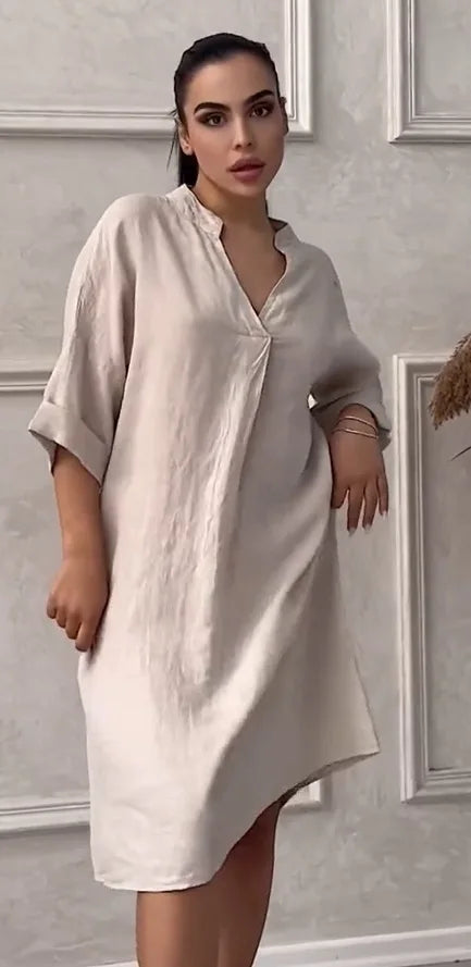 Fashion Cotton And Linen Women's V-neck Loose Dress 2025 Spring And Summer Solid Color Casual Short Sleeved Pocket Midi Dresses