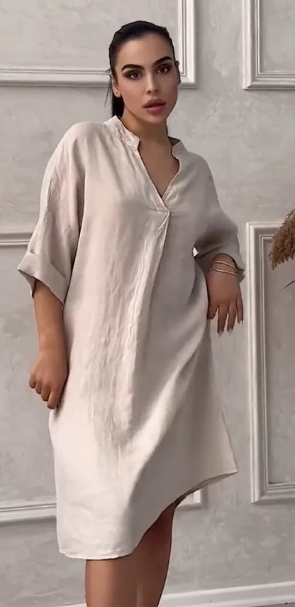 Fashion Cotton And Linen Women's V-neck Loose Dress 2025 Spring And Summer Solid Color Casual Short Sleeved Pocket Midi Dresses