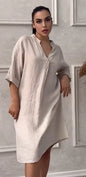 Fashion Cotton And Linen Women's V-neck Loose Dress 2025 Spring And Summer Solid Color Casual Short Sleeved Pocket Midi Dresses