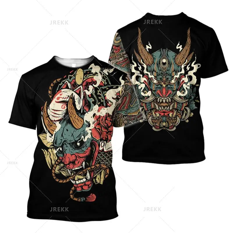 Japanese Harajuku Printed T Shirt For Men Fashion Samurai Mask Graphic T shirts Summer Leisure O-neck Pullover Oversized Topsy2k