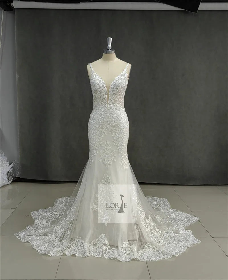 LORIE Lace Mermaid Wedding Dresses Spaghetti Strap Soft Tulle Bridal Gowns Sleeveless Vintage Country Wedding Gown Customized